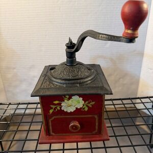 Vintage Manual Coffee Grinder Hand Painted Floral Red Wood Cast Iron Crank Mill